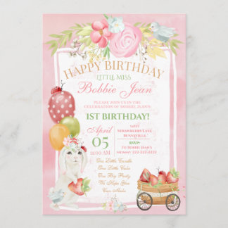Rosa Bunny Ladybug Erdbeeren Geburt Einladung