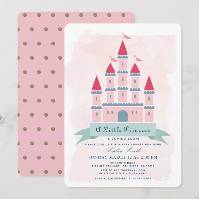 Rosa Burg Princess Girl Babydusche Einladung (Vorne/Hinten)