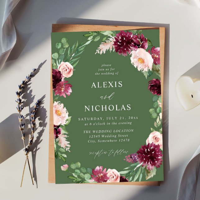 Rosa & Burgund Bläschen 7 Hochzeiten - Grün Einladung (Von Creator hochgeladen)