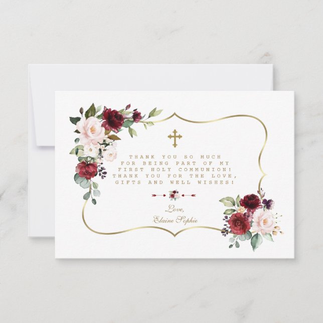 Rosa Burgund Floral Gold Cross Heilige Kommune Dankeskarte (Vorderseite)