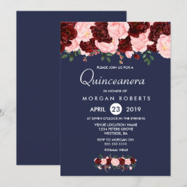 Rosa Burgund Floral Navy Blue Quinceanera Einladun Einladung