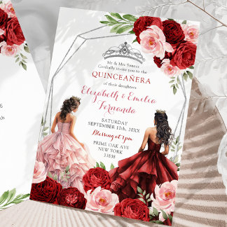 Rosa Burgund Red Twins Royal Princesses 15 Años Einladung