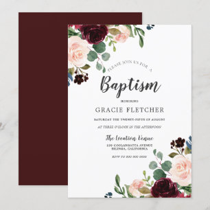 Rosa & Burgund Rote Blume Taufe Christening Einladung