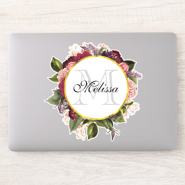 Rosa Burgund und grüne Florals Monogramm Aufkleber (Computer)