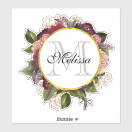 Rosa Burgund und grüne Florals Monogramm Aufkleber