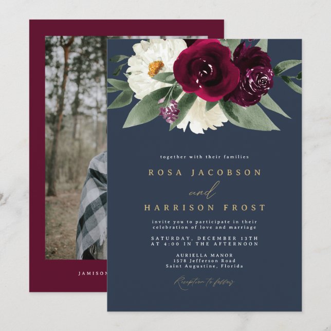 ROSA Burgund und Navy-Floral-Winter-Hochzeit Einladung (Vorne/Hinten)