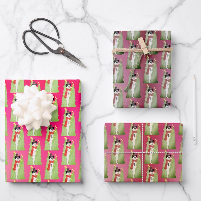 Rosa Burgund und Rose Schneemann entwickelt Geschenkpapier Set (Vorderseite)