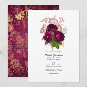 Rosa Burgunder Gold Shabby Floral Hochzeits-QR-Cod Einladung