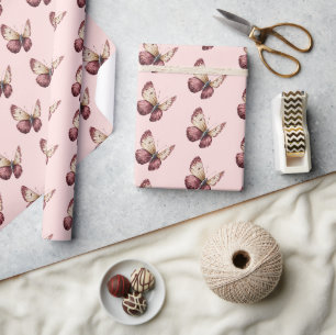 Rosa Burgunder Rot Creme Schmetterling Geburtstag Geschenkpapier
