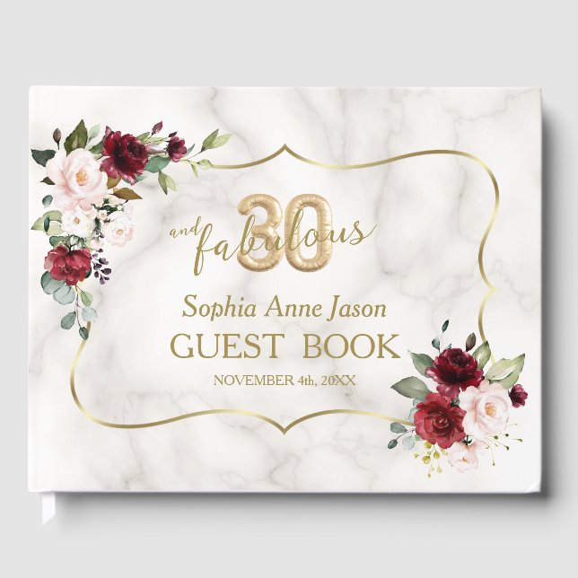 Rosa Burgundy Floral Gold 30 und fabelhafte Geburt Gästebuch (Vorderseite)