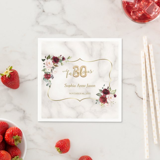 Rosa Burgundy Floral Gold 30 und fabelhafte Geburt Serviette (Beispiel)
