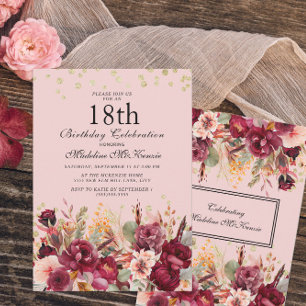 Rosa Burgundy Floral Gold Glitzer 18. Geburtstag Einladung