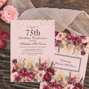Rosa Burgundy Floral Gold Glitzer 75. Geburtstag Einladung