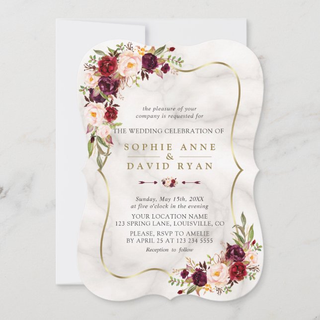 Rosa Burgundy Marsala Floral Gold Marmor Hochzeit Einladung (Vorderseite)