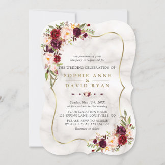 Rosa Burgundy Marsala Floral Gold Marmor Hochzeit Einladung