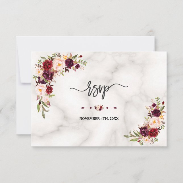 Rosa Burgundy Marsala Floral Gold Marmor Hochzeit RSVP Karte (Vorderseite)