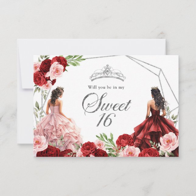 Rosa Burgundy Red Twins Sweet 16 Einladung (Vorderseite)