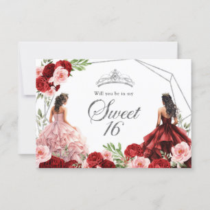 Rosa Burgundy Red Twins Sweet 16 Einladung