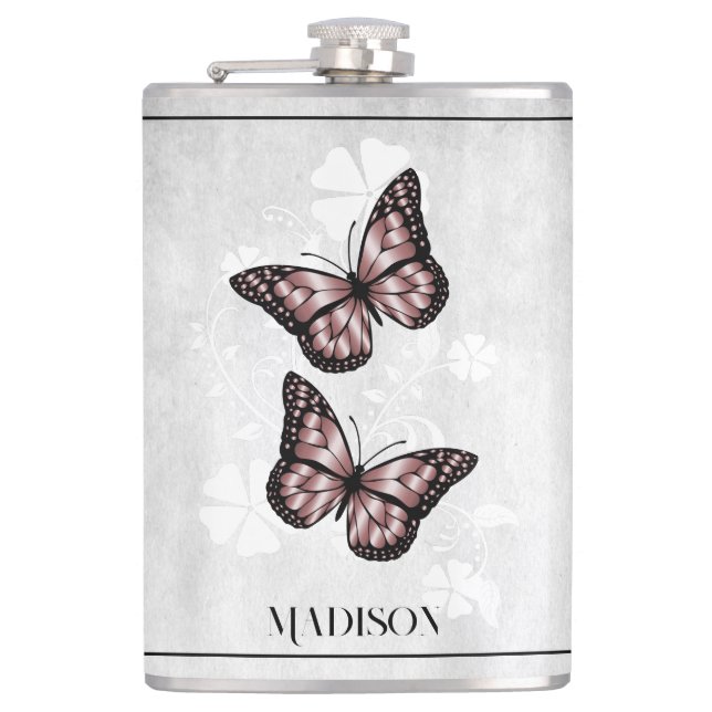 Rosa Butterfly Floral Flask Flachmann (Vorderseite)