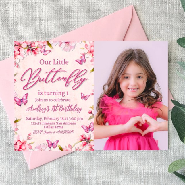 Rosa Butterfly Floral Girl Geburtstag Einladung (Pink Butterfly Floral Girl Birthday Invitation with Photo)