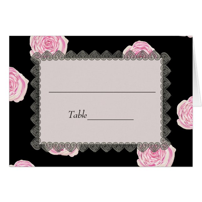 Rosa Cabbage Rose & Black Lace Hochzeit Platzkarte (Vorderseite (Horizontal))