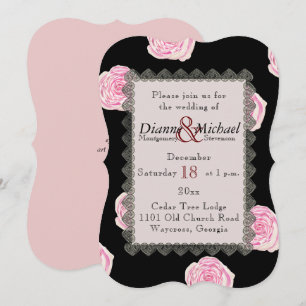 Rosa Cabbage Rose und Black Lace Hochzeit Einladung