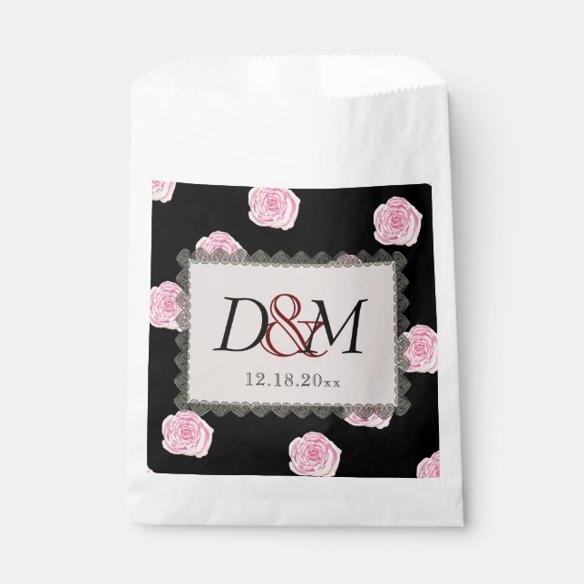 Rosa Cabbage Rose und Black Lace Hochzeit Geschenktütchen (Vorderseite)