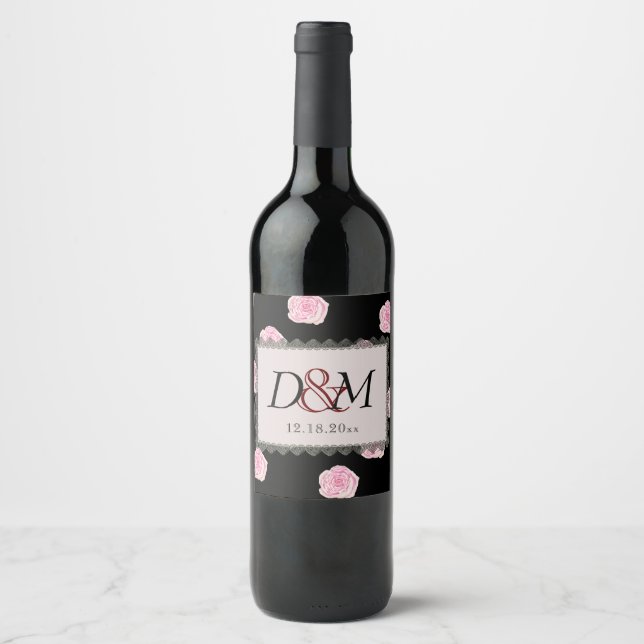 Rosa Cabbage Rose und Black Lace Hochzeit Weinetikett (Vorderseite)
