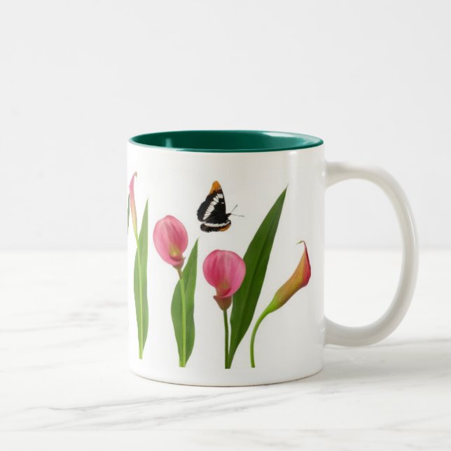 Rosa Calla-Lilien mit Schmetterlingen Zweifarbige Tasse (Rechts)