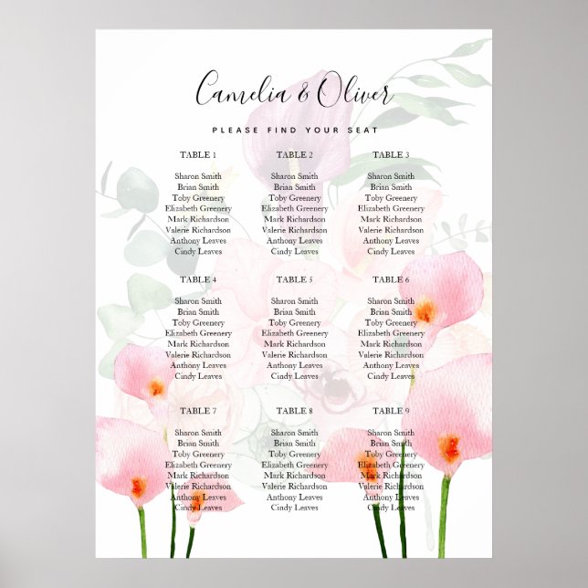 Rosa Calla Lily SITZ CHART 9 Tischfußplatte Poster (Vorne)
