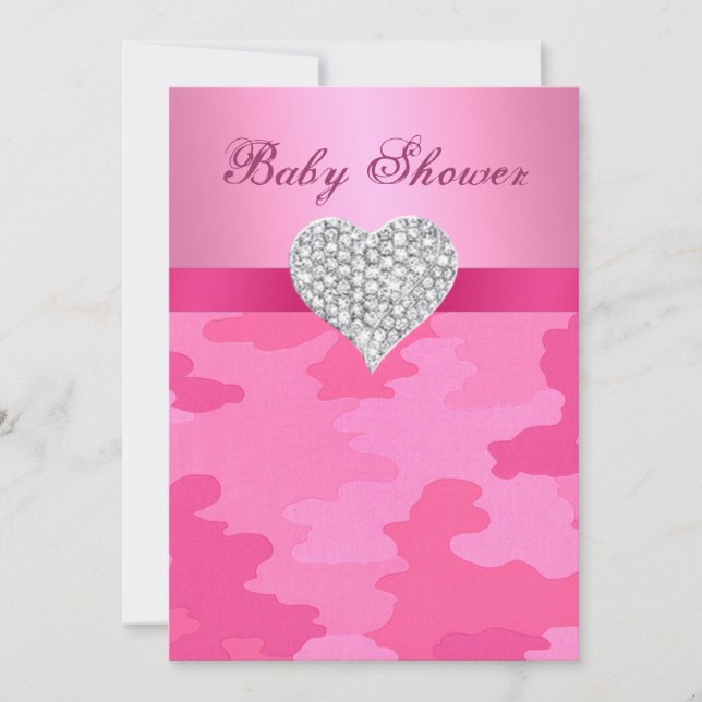 Rosa Camouflage Diamond Heart Baby Dusche Einladun Einladung (Vorderseite)