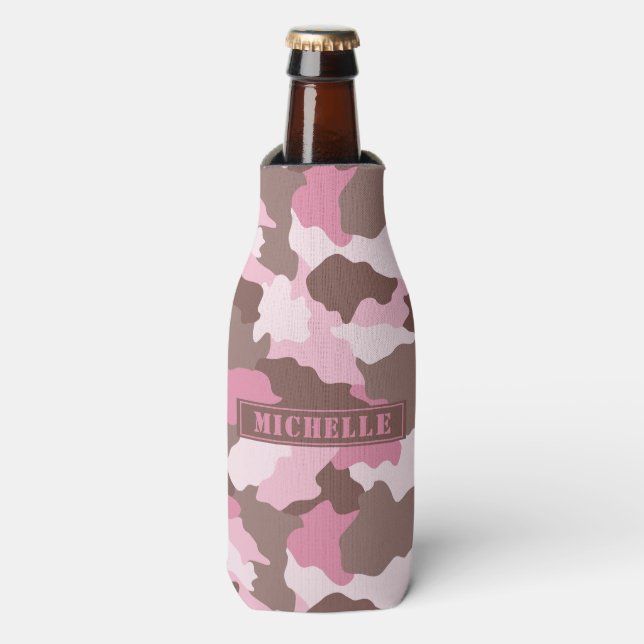 Rosa Camouflage Girly Camouflage Monogram Name Flaschenkühler (Flaschenvorderseite)