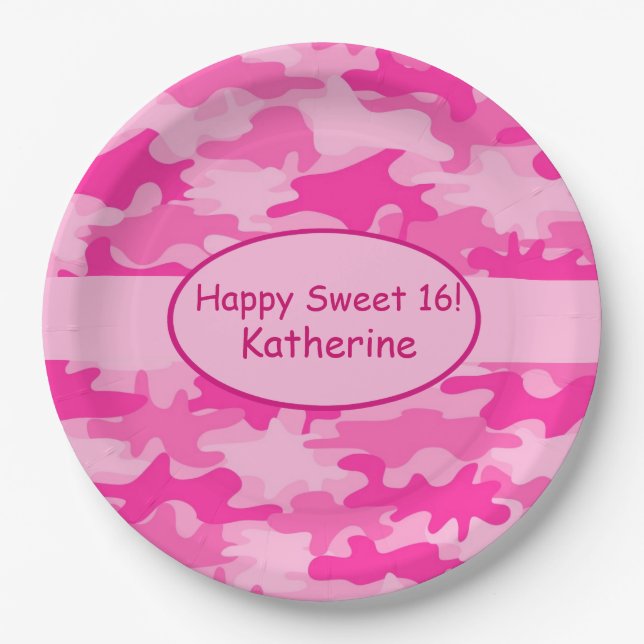 Rosa Camouflage Name Personalisiert Sweet 16 Gebur Pappteller (Vorderseite)