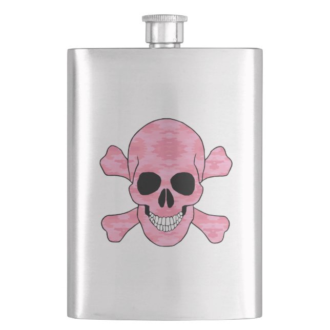 Rosa Camouflage Schädel und Kreuzbein Flasche Flachmann (Vorderseite)