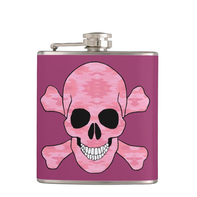 Rosa Camouflage Schädel und Kreuzbein Flasche Flachmann (Vorderseite)