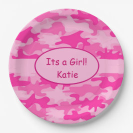 Rosa Camouflage und Name der Girl-Babydusche Pappteller