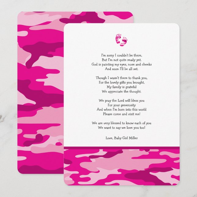 Rosa Camouflagebabydusche danken Ihnen, mit Einladung (Vorne/Hinten)