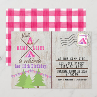 Rosa Camping Holz Flanell Post Card Geburtstag Einladung