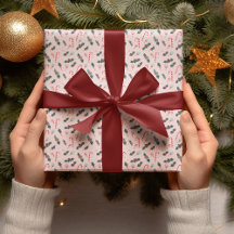 Rosa Candy Cane & Holly Weihnachtspapier