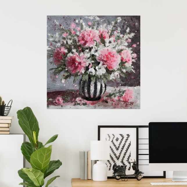 Rosa Carnation Floral Blume Arrangement Schwarz Poster (Heimbüro)