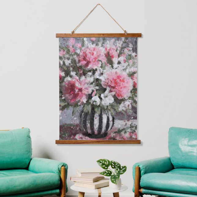 Rosa Carnation Floral Blume Arrangement Schwarz Wandteppich Mit Holzrahmen (Wohnzimmer)