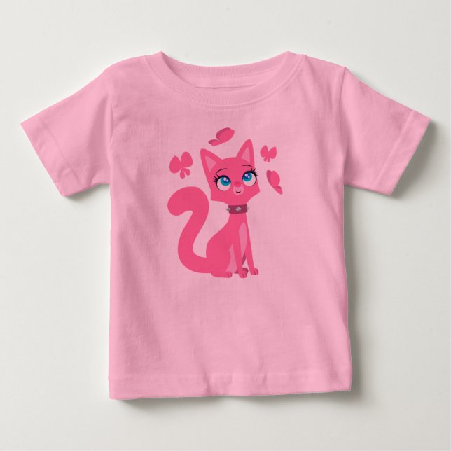 Rosa Cartoon Kat und Schmetterlinge Baby T - Shirt (Vorderseite)