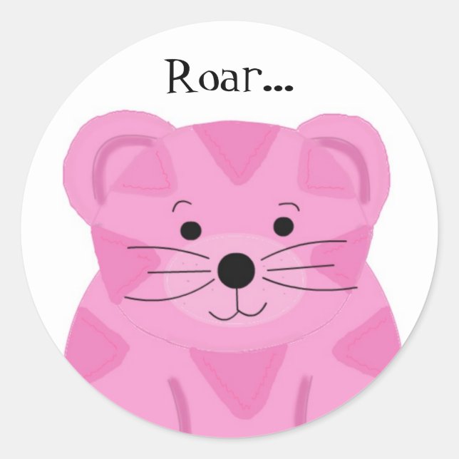 Rosa Cartoon Tiger Runder Aufkleber (Vorderseite)