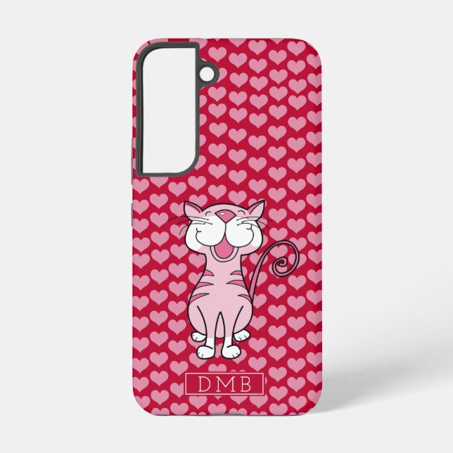 Rosa Cat Red Hearts Muster Monogramm Samsung Galaxy Hülle (Rückseite)