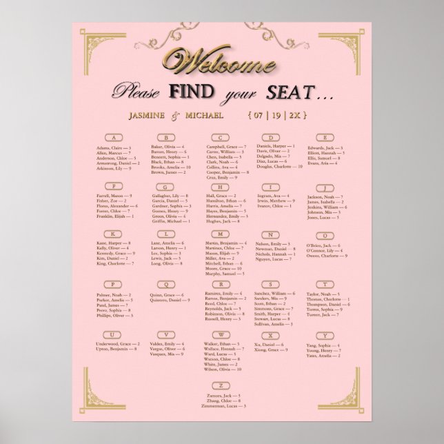 Rosa Champagner-Gold Hochzeitssitzplan Poster (Vorne)