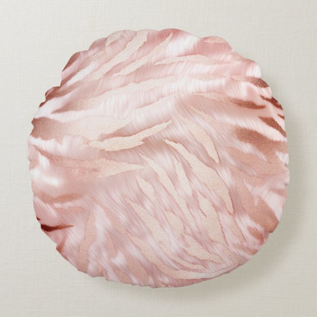 Rosa Champagner Rose Glam Zebra Rundkissen Rundes Kissen (Vorderseite)