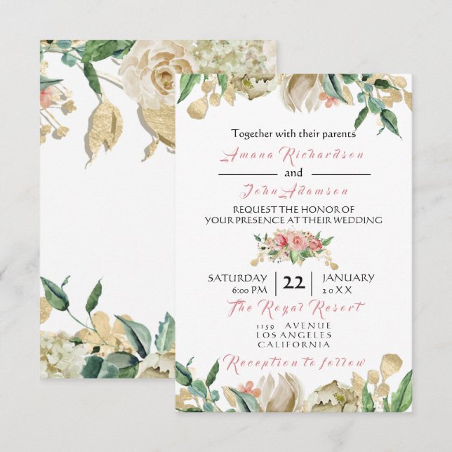 Rosa Champaigne Gold Floral Rose Hochzeit Einladung (Vorne/Hinten)