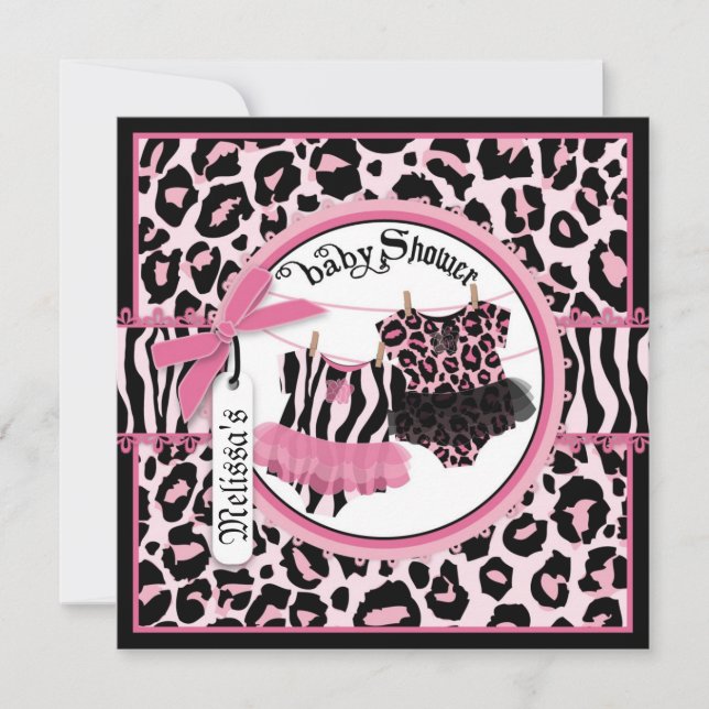 Rosa Cheetah Rock Star Tutu Twins Baby Dusche Einladung (Vorderseite)