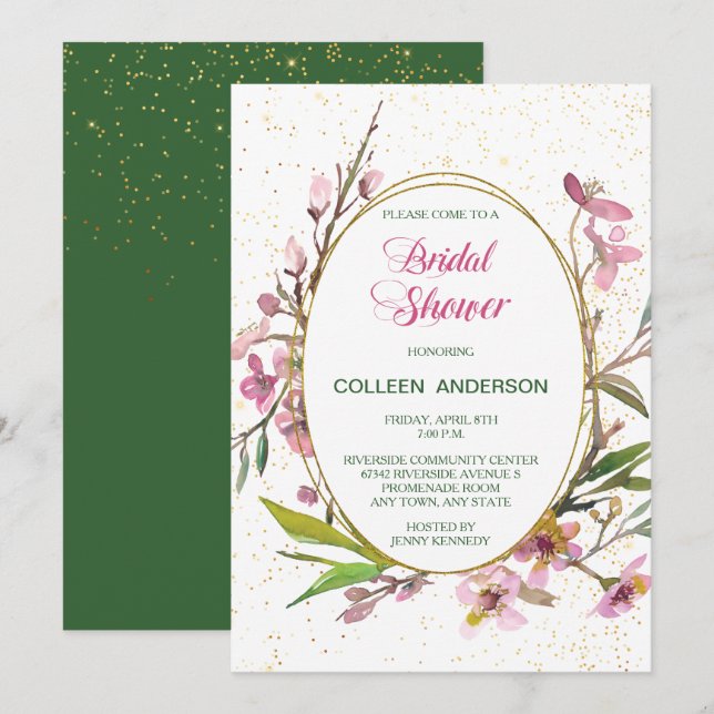 Rosa Cherry Blossom Gold Frame Brautparty Einladung (Vorne/Hinten)