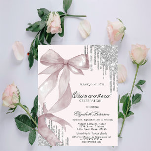 Rosa Chic Bow Silber Glitter Tropfen Quinceañera Einladung